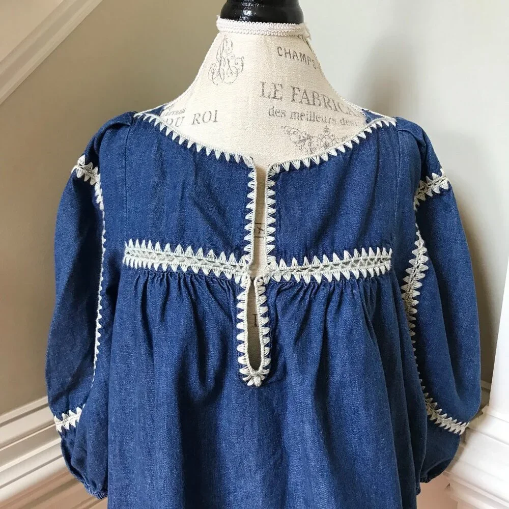 Zimmermann Chintz Denim Smock Top Shirt Blouse Womens 3 Large Blue Cotton Boho